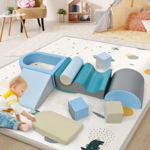 Redom - Blocs de construction de 9 pièces pour courir et grimper, escaliers, toboggan et piscine à balles, pu, Bleu (Sans balle)