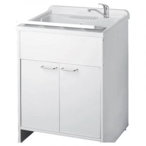Toscohome &ndash; Lavabo en PVC blanc 60x50x85 cm &ndash; Cuve autonettoyante en polypropyl&egrave;ne &ndash; Design moderne avec poign&eacute;es chrom&eacute;es &ndash; Meuble bas de salle de