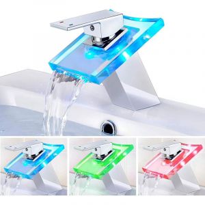Mitigeur Lavabo Cascade LED, Robinets de Lavabo, Bassin &eacute;vier Mitigeur Robinet Cascade Verre pour &eacute;vier de Cuisine et Salle de Bains
