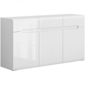 Commode meuble de rangement &agrave; 3 portes et 3 tiroirs, coloris Blanc/Blanc haute brillance - Longueur 150 x Profondeur 41 x Hauteur 84 cm