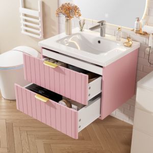 Lavabo 60,5x47,5x47 cm, avec vasque en c&eacute;ramique, 2 tiroirs, MDF r&eacute;sistant &agrave; l'humidit&eacute;, poign&eacute;e dor&eacute;e, meuble vasque mural simple - Rose