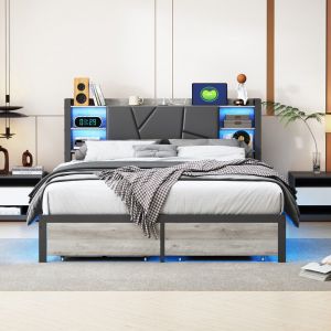 Lit en Fer 160x200 cm avec Sommier M&eacute;tal, Cadre de Lit 160x200 cm avec LED et prises USB, Lit Adulte T&ecirc;te de Lit avec Compartiment de rangement, PU