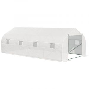 Serre Tunnel de Jardin 18 m&sup2; dim. 5,95L x 3l x 2H m Porte + 8 fen&ecirc;tres enroulables Acier galvanis&eacute; b&acirc;che PE Haute densit&eacute; Blanc