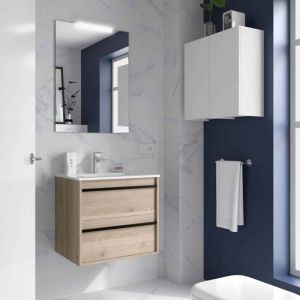 Salgar - Meuble de salle de bain Dimensions 60 cm Couleur Chêne naturel Miroir Avec miroir + led Colonne de rangement Sans colonne