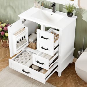 Meuble de salle de bain avec vasque c&eacute;ramique int&eacute;gr&eacute;e, 3 tiroirs et 1 porte, MDF laqu&eacute;, pieds bois, blanc, 76x46x83,5 cm