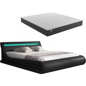 Lit Coffre avec Matelas Texas Lit Adulte Couleur Noir avec led Matériaux bois et simili cuir Coffre de rangement Modèle Parisina 140x190cm