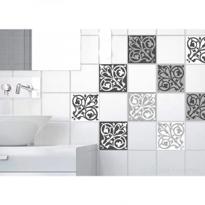 Sticker carrelage adh&eacute;sif d&eacute;coratif x9, 10x10cm, cr&eacute;dence autocollant, carreaux de ciment gris, blanc et noir, azulejos.