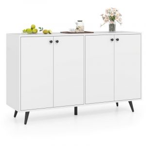 Buffet Bas 4 Portes, Buffet Salon Scandinave avec Étagères Réglables en 5 Positions, Meuble Rangement Bas, 5 Pieds Robustes, Commode 127 cm, Blanc
