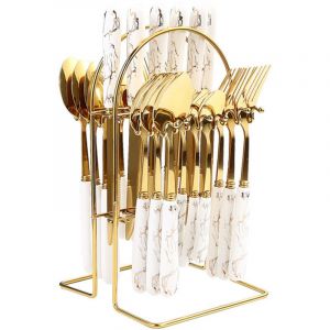 Ménagère dorée - Ménagère 24 pièces - Couverts en acier inoxydable - Ménagère pour 6 personnes - Ustensiles de cuisine - Porte-couverts