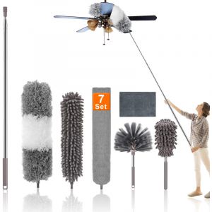 7 Pi&egrave;ces Plumeau Telescopique,Tete de Loup Longueur Maximale 25-256cm,Plumeau Lavable Microfibre,Plumeau Poussiere Telescopique pour