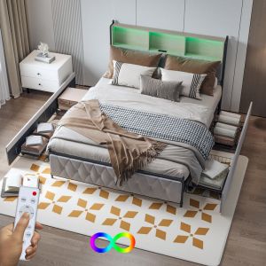 Lit double capitonné 160x200cm, avec 4 tiroir, Lit adulte avec 2 stations de recharge usb, tête de lit de rangement éclairée led, lit rembourré en