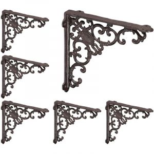 Querre étagère murale, lot de 6, ancien, support en fonte de fer, ornements baroques, brun - Relaxdays