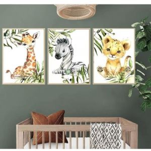 Lot de 3 Affiche Animaux Safari Poster Jungle Girafe Zebre Lion Tableau Murale 30x40 Enfant Bebe Chambre Toile Decoration sans