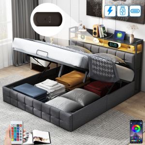 Lit coffre 140x190 cm, 2 places, avec t&ecirc;tes de lit LED, USB, &eacute;tag&egrave;res, hydraulique de rangement, sommier &agrave; lattes en bois, cadre en m&eacute;tal, lit