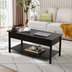 Table Basse avec Dessus Relevable en Hauteur, Table Basse avec Compartiment Caché, Table Basse Salon Extensible 2 Voies, Fond avec Rangement Ouvert