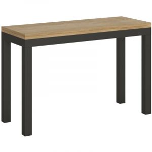 Console extensible 120cm ouvert 120&times;90cm bois clair et pieds m&eacute;tal anthracite Evy