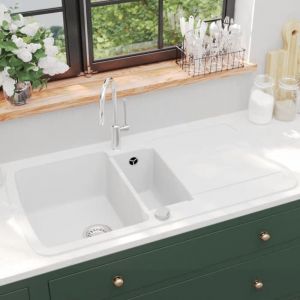Vier de cuisine Lavabo de cuisine Évier à poser Granit Double lavabo Blanc CVW15204