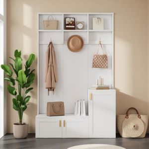 Ensemble de meubles d'entrée, banc de rangement multifonctionnel avec crochets, étagères, 3 portes et rangement ouvert, vestiaire d'entrée - Blanc