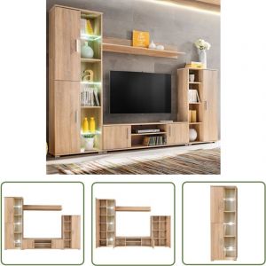 The Living Store - Unit&eacute; murale tv avec lumi&egrave;res led Ch&ecirc;ne sonoma - Meuble Tv - Unit&eacute;s Murales - Rangement Mural - Biblioth&egrave;que Murale - D&eacute;coration