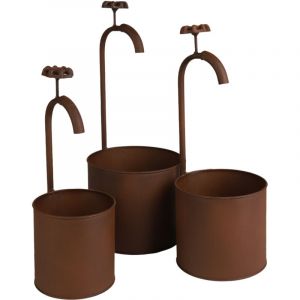 Set de 3 Cache-pots en M&eacute;tal avec Robinet D&eacute;coratif - 17 / 14 / 12 cm - Style Vintage Aspect Rouill&eacute; avec Robinet D&eacute;coratif