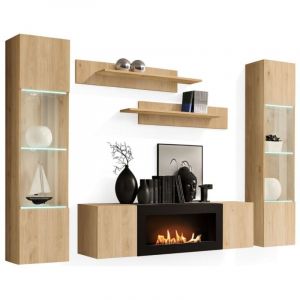 Composition murale FLY &ndash; Ch&ecirc;ne clair &ndash; Vitrines partiellement vitr&eacute;es LED, &eacute;tag&egrave;res et meuble TV avec chemin&eacute;e bio-&eacute;thanol