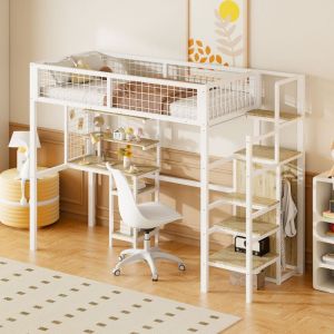 Lit mezzanine avec bureau, lit mezzanine enfant 90x200 cm avec armoire et étagères, cadre de lit en métal, blanc