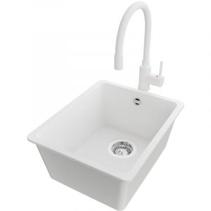 PRIMAGRAN Evier Cuisine en Granit 36x44cm,Lavabo 1 bac + Robinet 38x14cm + Kit de Vidage, &Eacute;vier &agrave; Encastrer au meuble 40cm - Venise Slim Easy, Blanc