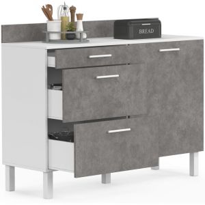 Buffet bas casserolier de cuisine 120 cm CINA plan de travail H.83 cm 1 porte + 3 tiroirs blanc et effet b&eacute;ton