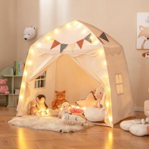 Grande Tente Enfant, Cabane Enfant Interieure Exterieur avec Lumières, Drapeaux, 2 Portes, 2 Fenêtres, Tente Tipi Lavable en Machine, Tente de Jeu