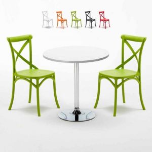 Table ronde blanche 70x70cm Avec 2 Chaises Colorées Intérieur bar café Vintage Long Island - Vert