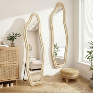 Fortuna Lai &ndash; Miroir sur pied 160x50 cm &ndash; Miroir pleine longueur avec cadre en velours doux &ndash; Verre tremp&eacute; antid&eacute;flagrant &ndash; Design vague et