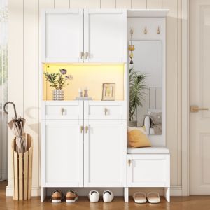 Vestiaire ( d'entr&eacute;e ), meuble d'entr&eacute;e 120 x 180 x 33,5 cm, banc et armoire &agrave; chaussures avec porte-manteaux et miroir, panneaux de particules,