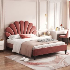Lit adulte enfant Lit capitonné 140 x 200 cm avec sommier à lattes et tête de lit. velours. rouge