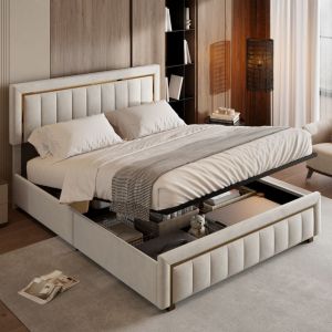 Lit 2 Personnes 140 x 200 avec tête de lit et rangement sous le lit, lit coffre moderne avec tête de lit décorative à bordure dorée, cadre de lit