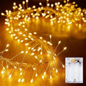 Guirlande lumineuse à piles, 3 m, 100 LED, pétards, fil argenté étanche, motif lucioles étoilées, pour couronnes, désherbage, décorations de Noël