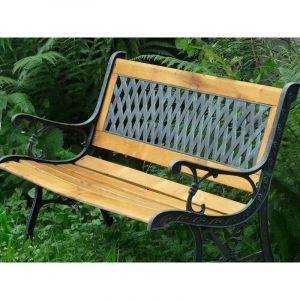 Le Poisson Qui Jardine - Banc de jardin en bois et fonte de fer avec dossier &agrave; motif grille
