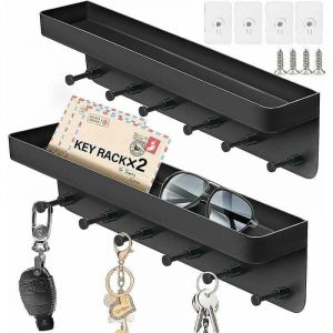 Lot de 2 Porte Clef Mural avec 6 Crochets, Porte-cl&eacute;s Mural en M&eacute;tal avec &eacute;tag&egrave;re de Rangement, Porte manteau revue mural Sans Percer, Pour Salon,