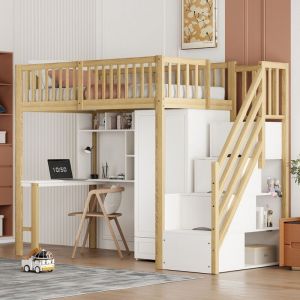 Lit mezzanine bois 90x200 avec armoire, &eacute;tag&egrave;re, table et rangements - Escalier pratique - Meuble polyvalent chambre - Blanc/Bois (sans Matelas)