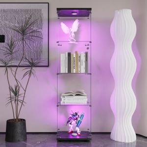 Vitrine en verre, 164x42x36cm portes simple 4 &eacute;tag&egrave;res verre tremp&eacute; , vitrine de collectionneur avec LED - rangement en verre pour la chambre, le