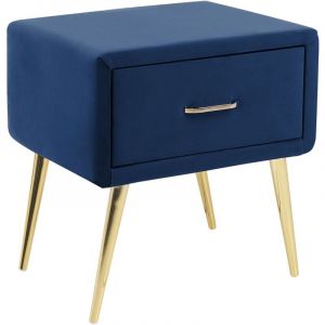 Table de Chevet en Velours Bleu Marine et Métal Doré 1 Tiroir Pratique Chic Flayat