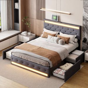 Lit 140x190 cm, avec 4 tiroirs, tête de lit led réglable, chargement usb et Type-C, sommier à lattes, structure en métal, convient aux adultes et