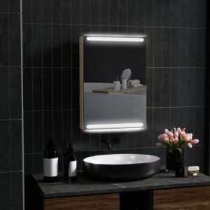 Armoire murale meuble salle de bain avec miroir, &eacute;clairage LED et &eacute;tag&egrave;res en verre r&eacute;glables 50x12,5x70cm, bois naturel