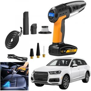 Aspirateur de Voiture sans Fil 4 en 1 Aspirateur &agrave; Main Forte Aspiration Gonfleur de Pneu &Eacute;clairage LED Pompe &agrave; air Manom&egrave;tre de Pression des pneus