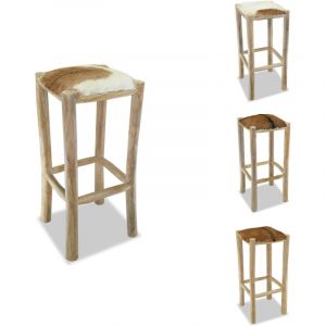 Tabouret de bar Cuir v&eacute;ritable et bois de teck solide - Tabouret De Bar - Chaise De Bar - Tabouret De Comptoir - Mobilier De Cuisine - D&eacute;coration