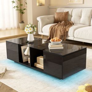 Table basse carrée noire brillante, table de salon avec éclairage LED, 120x50x38.5 cm
