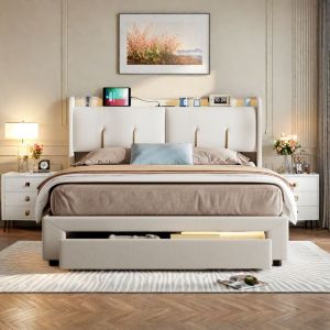 Rosahqnda - Lit tapiss&eacute; 140 x 200 cm, lit tiroir, t&ecirc;te de lit avec led, port de charge usb, lit double, lit adulte, lit dossier avec rangement et
