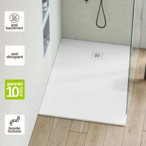Receveur de Douche Extraplat 80x160x2,6cm Blanc en R&eacute;sine Min&eacute;rale &ndash; Antid&eacute;rapant, Texture Ardoise - MINIMO R&Eacute;SIGR&Egrave;S