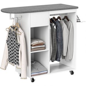 Armoire &agrave; repasser en bois table &agrave; repasser avec roulettes barre de suspension &eacute;tag&egrave;re 125 x 43,5 x 102,5 cm blanc