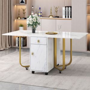 Table à manger, 150x80x76cm,Table à manger pliante avec 2 tiroirs et placard, structure en métal, design moderne, avec roulettes, blanc