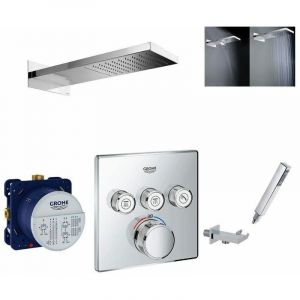 Grohe &ndash; Colonne de douche encastr&eacute;e SmartControl &ndash; Pommeau pluie et cascade inox poli &ndash; Mitigeur thermostatique 3 voies &ndash; D&eacute;bit 23 l/min